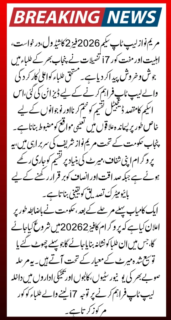 Maryam Nawaz Laptop Scheme 2026 Phase 2 Schedule, Application, Eligibility & Free Core i7 Details