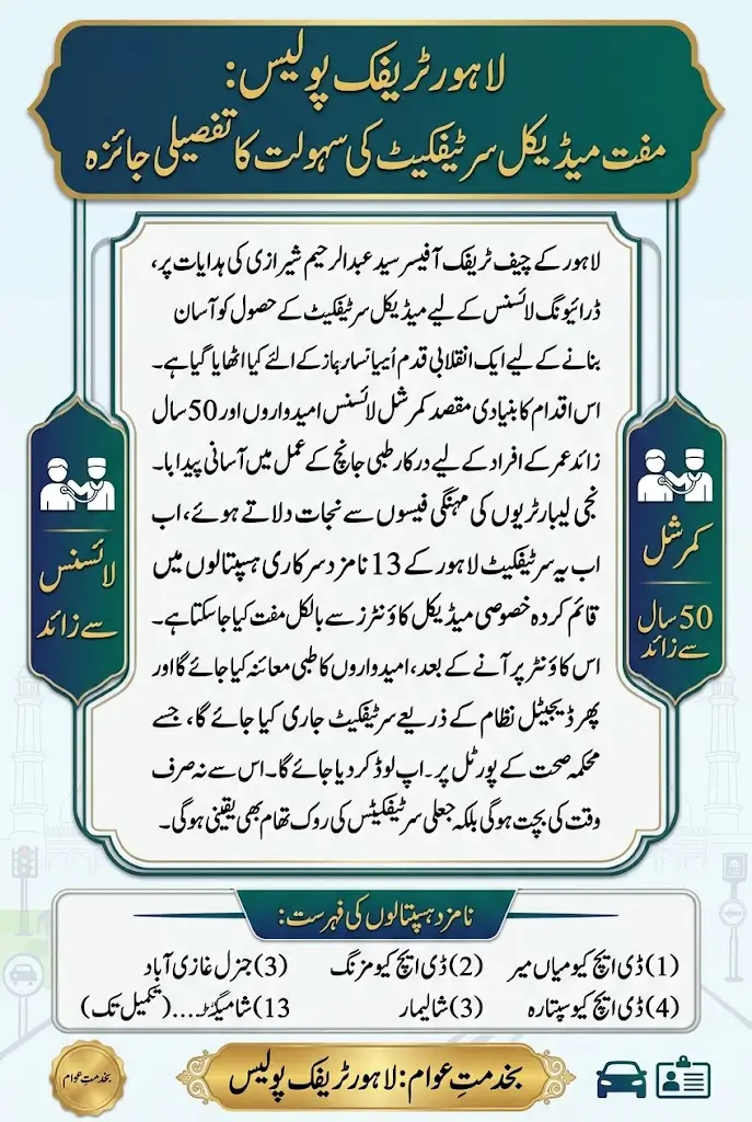 Lahore Driving License Medical Certificate Free at 13 Government Hospitals